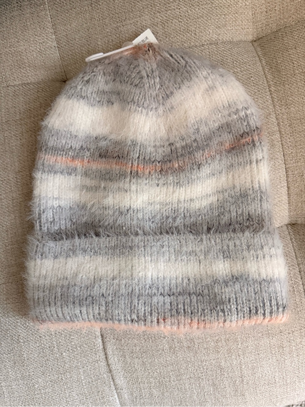 House of Harlow 1960 Striped Fuzzy Beanie in Gray, White & Pink